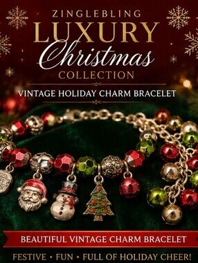 Vintage Christmas Charm Bracelet Santa Snowman Tree Jingle Bells Red Green